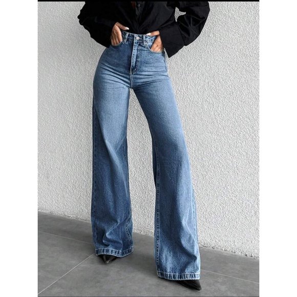 high waisted wide leg flared denim jeans black - Picture 5 of 6